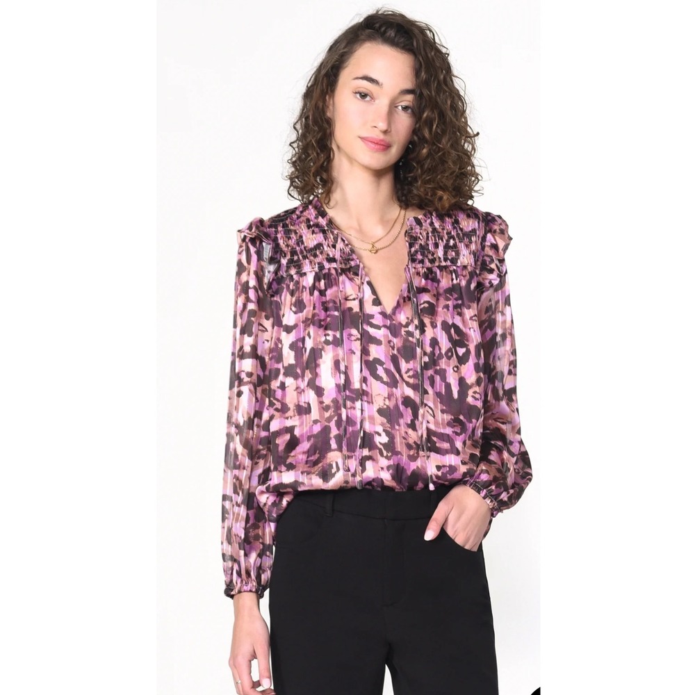 Greylin Tanis Tie Front Ruffle Blouse Leopard Print Womens XS Metallic Smocked